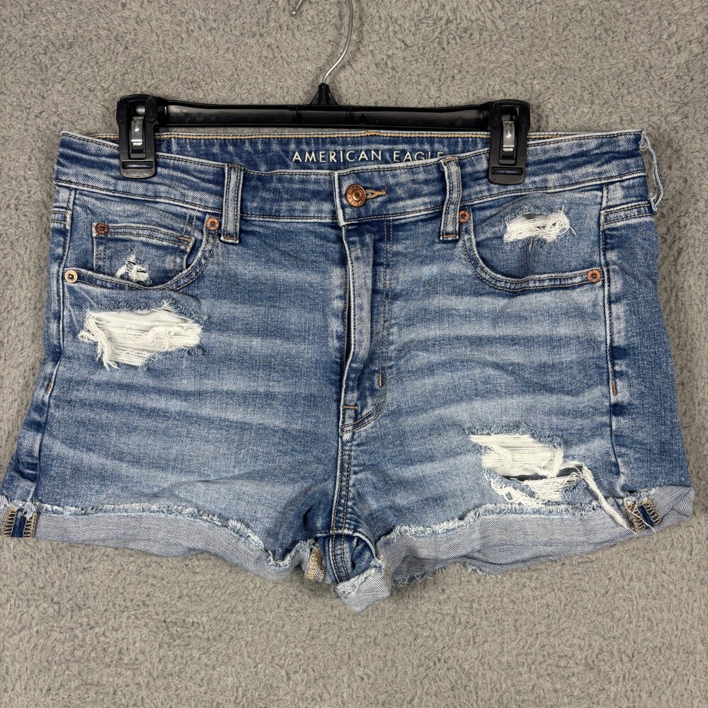 American Eagle Shorts Women 12 Blue Denim Distressed Stretch Frayed Hem Casual